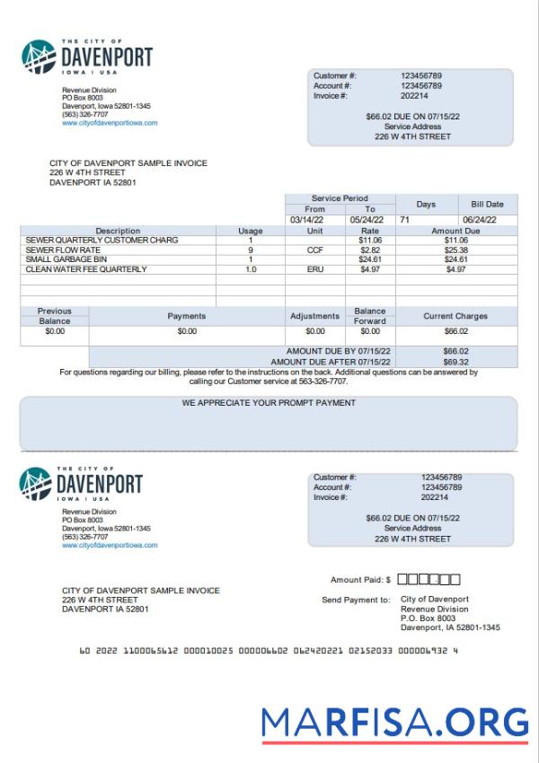Blank USA Iowa City of Davenport utility bill template in Word and PDF format